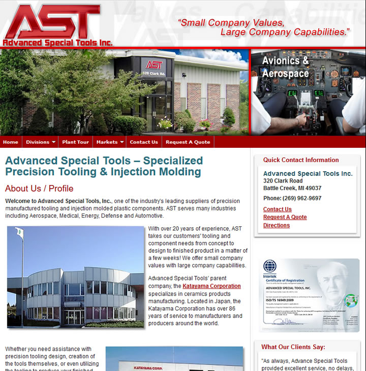 Website image for tooling and injection molding company in Battle Creek, Michigan.