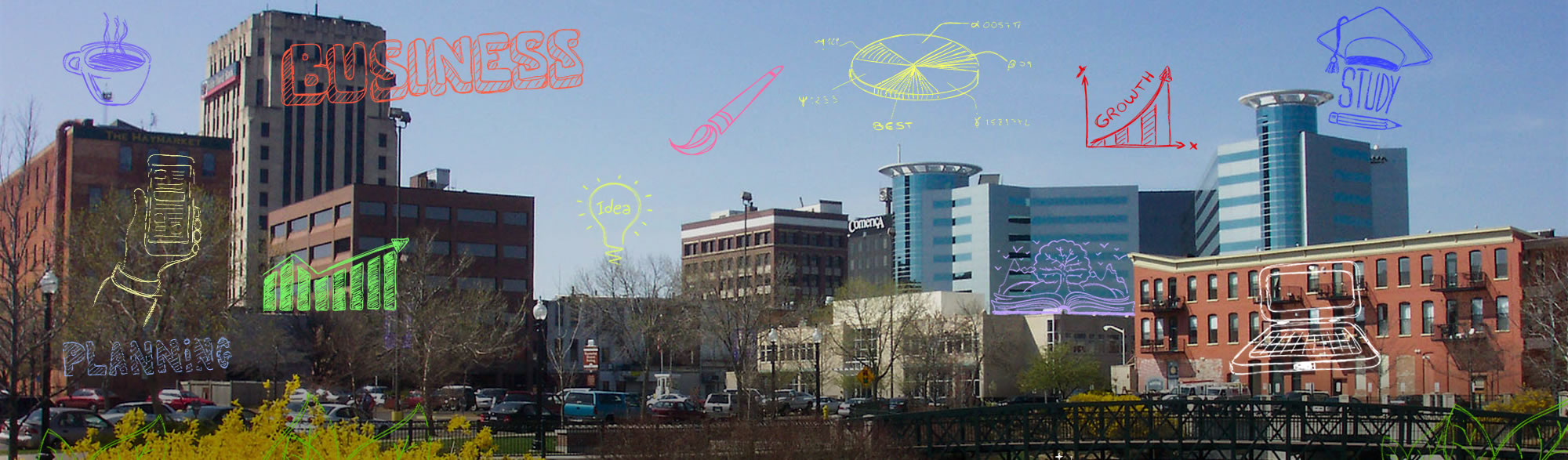 Downtown Kalamazoo with doodles of business, art, education.